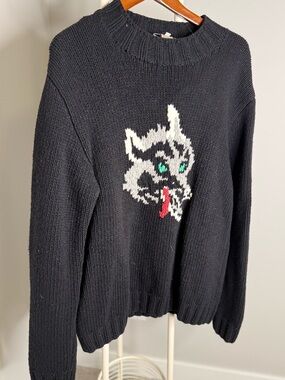 Black YMC Crewneck Sweater with Intarsia Wolf Motif